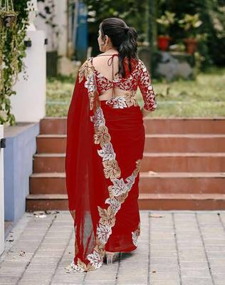 Red Color jari Thread Embroidery work Satin Silk Saree 3