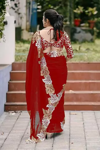 Red Color jari Thread Embroidery work Satin Silk Saree