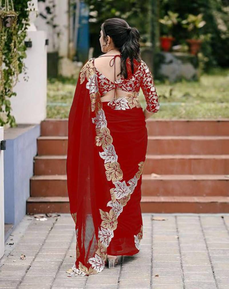 Red Color jari Thread Embroidery work Satin Silk Saree
