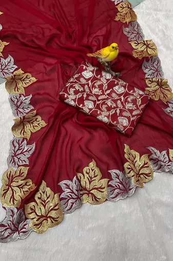 Red Color jari Thread Embroidery work Satin Silk Saree