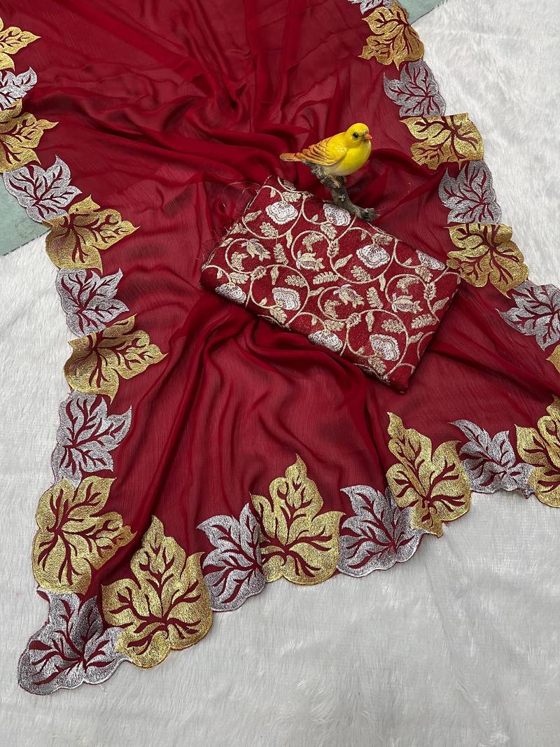 Red Color jari Thread Embroidery work Satin Silk Saree