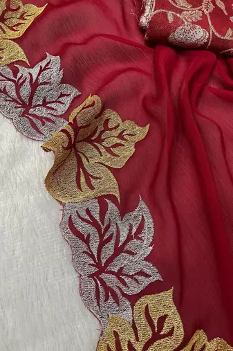 Red Color jari Thread Embroidery work Satin Silk Saree