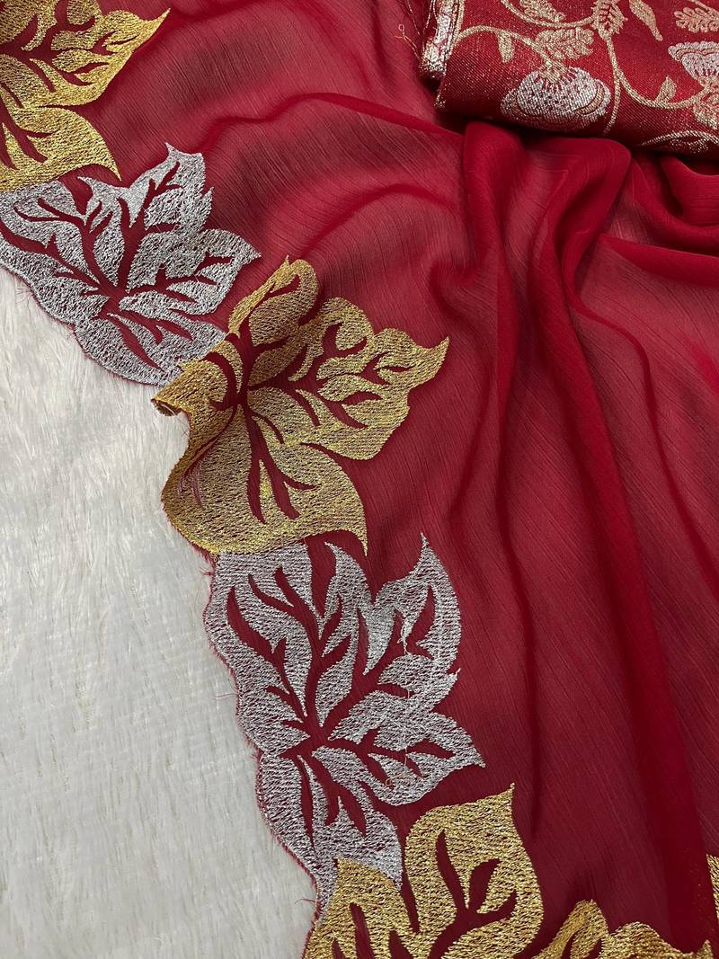 Red Color jari Thread Embroidery work Satin Silk Saree