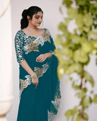 Teal Color jari Thread Embroidery work Satin Silk Saree 1
