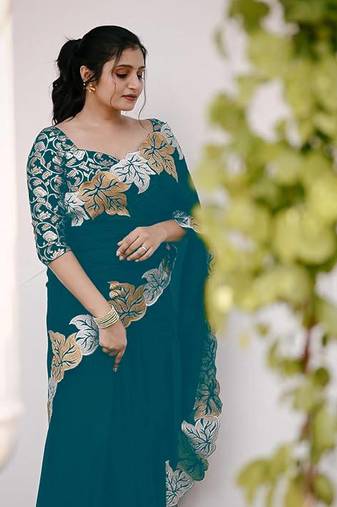 Teal Color jari Thread Embroidery work Satin Silk Saree