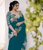 Teal Color jari Thread Embroidery work Satin Silk Saree