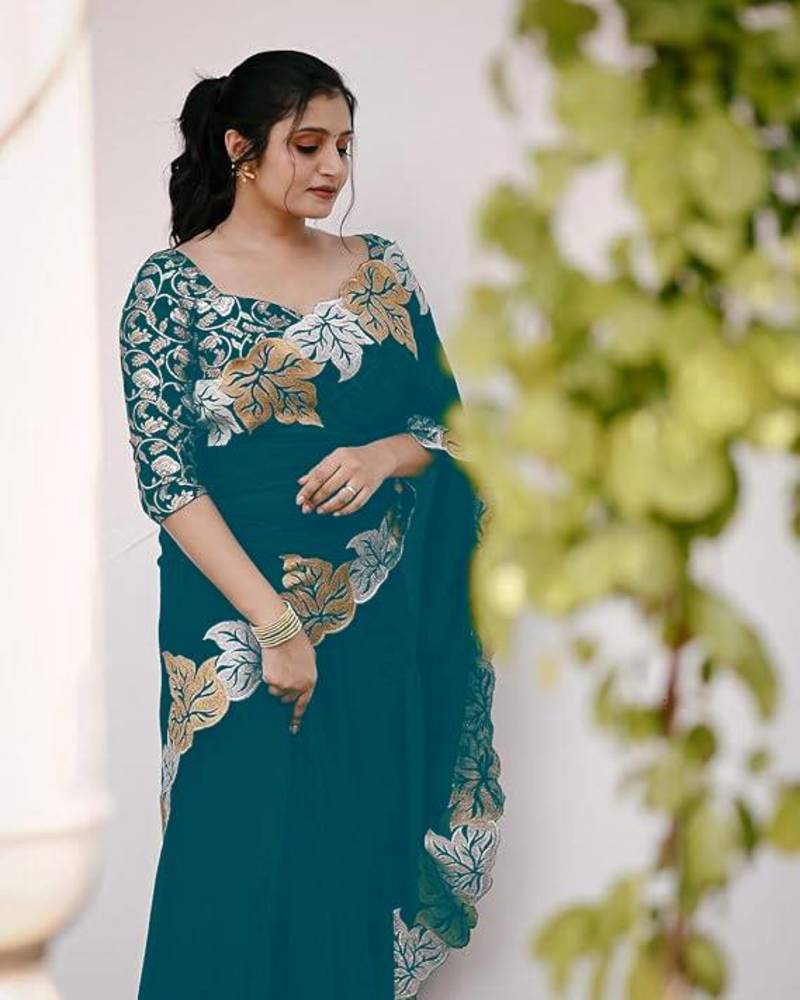 Teal Color jari Thread Embroidery work Satin Silk Saree