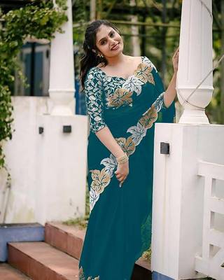 Teal Color jari Thread Embroidery work Satin Silk Saree 2