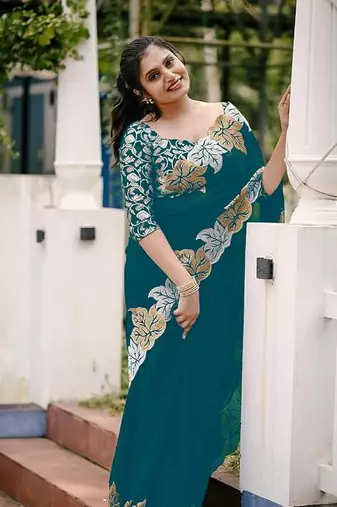 Teal Color jari Thread Embroidery work Satin Silk Saree