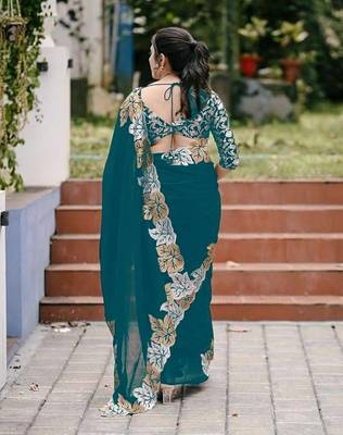 Teal Color jari Thread Embroidery work Satin Silk Saree 3