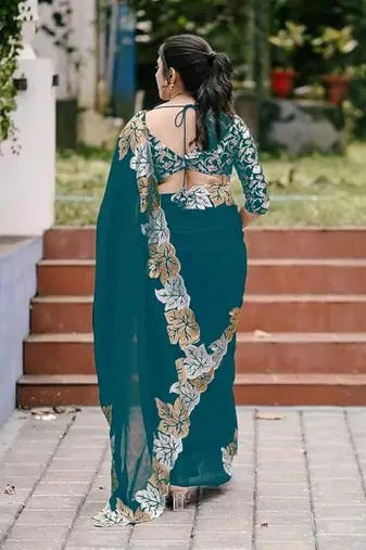 Teal Color jari Thread Embroidery work Satin Silk Saree