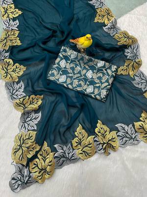 Teal Color jari Thread Embroidery work Satin Silk Saree 4