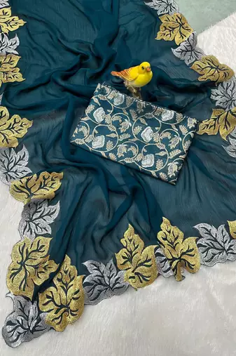 Teal Color jari Thread Embroidery work Satin Silk Saree