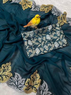Teal Color jari Thread Embroidery work Satin Silk Saree 5