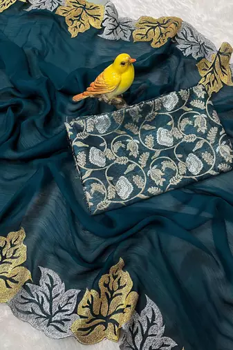 Teal Color jari Thread Embroidery work Satin Silk Saree