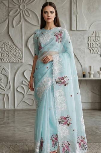 Sky Blue Color Thread Embroidery Work Crystel Organza Saree