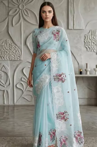 Sky Blue Color Thread Embroidery Work Crystel Organza Saree