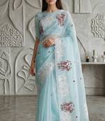 Sky Blue Color Thread Embroidery Work Crystel Organza Saree