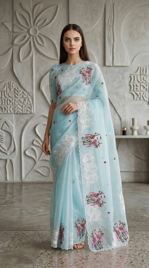 Sky Blue Color Thread Embroidery Work Crystel Organza Saree