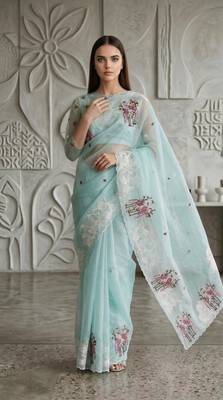 Sky Blue Color Thread Embroidery Work Crystel Organza Saree 2