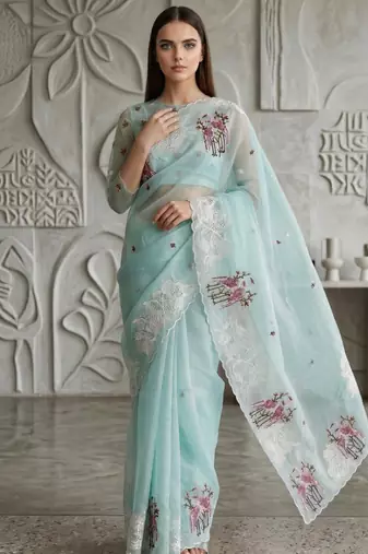 Sky Blue Color Thread Embroidery Work Crystel Organza Saree
