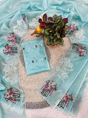 Sky Blue Color Thread Embroidery Work Crystel Organza Saree 3
