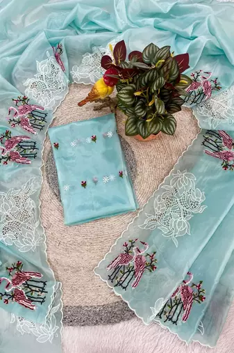 Sky Blue Color Thread Embroidery Work Crystel Organza Saree
