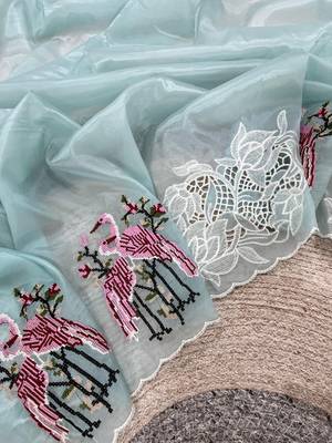 Sky Blue Color Thread Embroidery Work Crystel Organza Saree 4