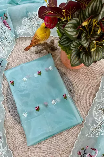 Sky Blue Color Thread Embroidery Work Crystel Organza Saree