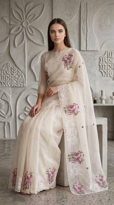 Off White Color Thread Embroidery Work Crystel Organza Saree 1