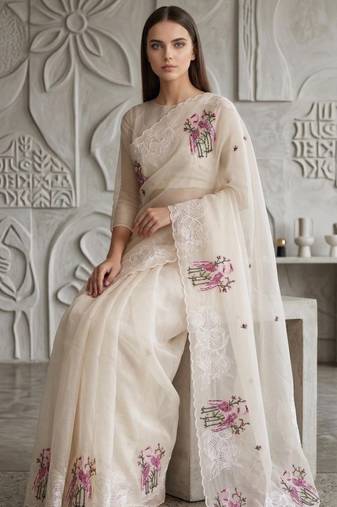 Off White Color Thread Embroidery Work Crystel Organza Saree