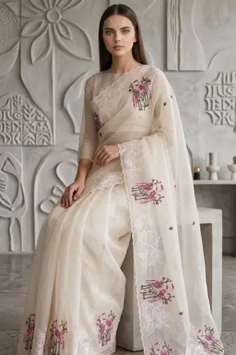 Off White Color Thread Embroidery Work Crystel Organza Saree