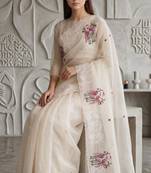Off White Color Thread Embroidery Work Crystel Organza Saree