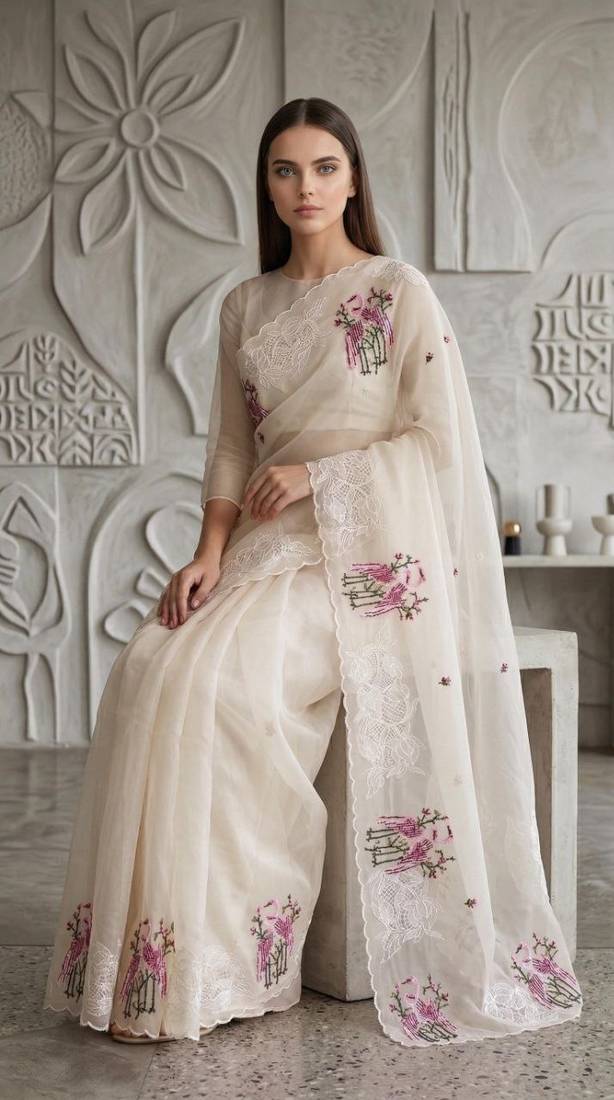 Off White Color Thread Embroidery Work Crystel Organza Saree