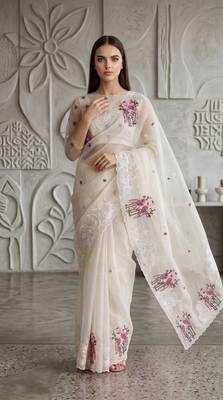 Off White Color Thread Embroidery Work Crystel Organza Saree 2