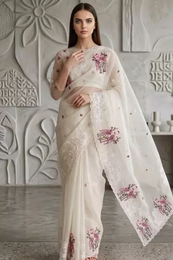 Off White Color Thread Embroidery Work Crystel Organza Saree