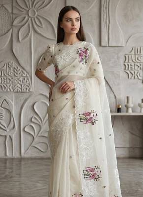 Off White Color Thread Embroidery Work Crystel Organza Saree 3
