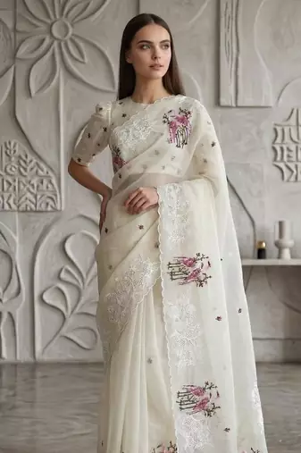 Off White Color Thread Embroidery Work Crystel Organza Saree