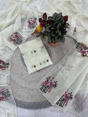 Off White Color Thread Embroidery Work Crystel Organza Saree 4