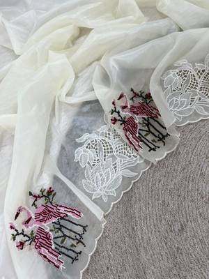 Off White Color Thread Embroidery Work Crystel Organza Saree 5