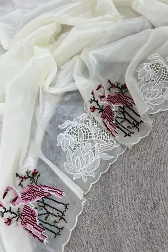 Off White Color Thread Embroidery Work Crystel Organza Saree