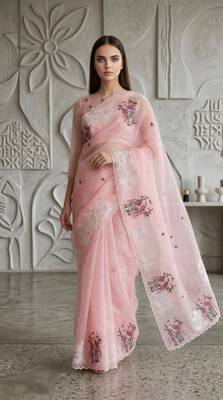 Pink Color Thread Embroidery Work Crystel Organza Saree 1