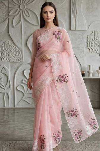 Pink Color Thread Embroidery Work Crystel Organza Saree