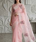 Pink Color Thread Embroidery Work Crystel Organza Saree