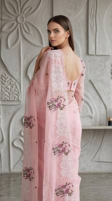 Pink Color Thread Embroidery Work Crystel Organza Saree 2