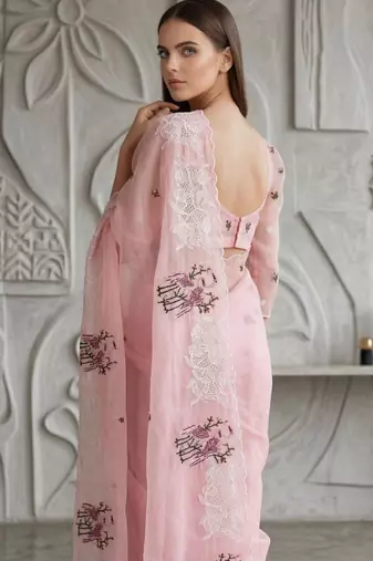 Pink Color Thread Embroidery Work Crystel Organza Saree