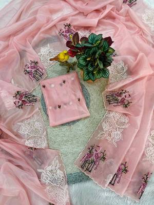 Pink Color Thread Embroidery Work Crystel Organza Saree 3
