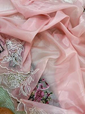 Pink Color Thread Embroidery Work Crystel Organza Saree 4
