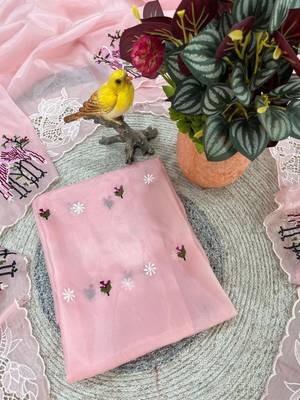 Pink Color Thread Embroidery Work Crystel Organza Saree 5