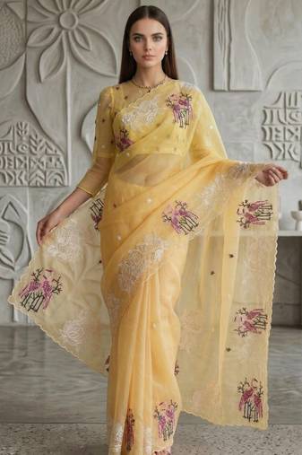 Yellow Color Thread Embroidery Work Crystel Organza Saree